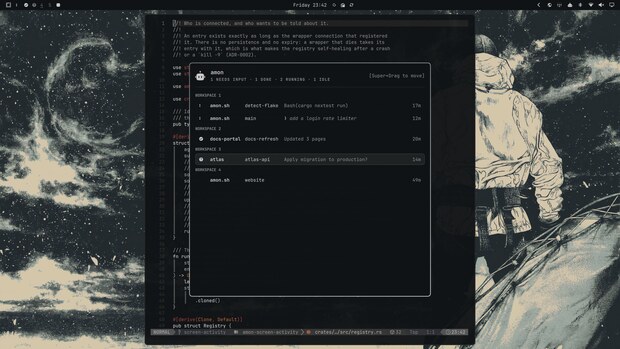 The agent panel floating over an editor on the nord theme